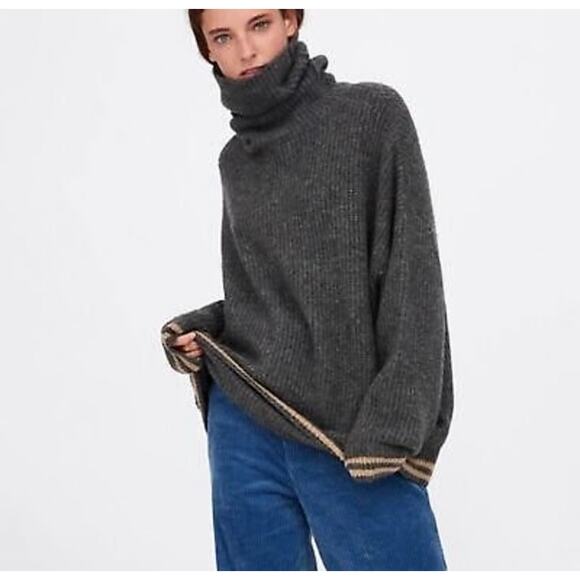 ZARA Women’s Chunky Oversized  Knit Turtleneck Sweater Gray Striped Medium - Picture 2 of 6